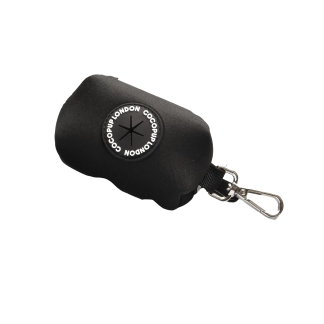 STYLISH DESIGN: Black polyester poop bag holder with sleek circular logo design, perfect for carrying waste bags in style
