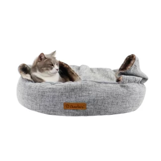 Charlie’s Snookie Hooded Pet Bed – Faux Wolf Fur & Linen – Light Grey – Small, Medium or Large Sizes – Mindiampets.com.au