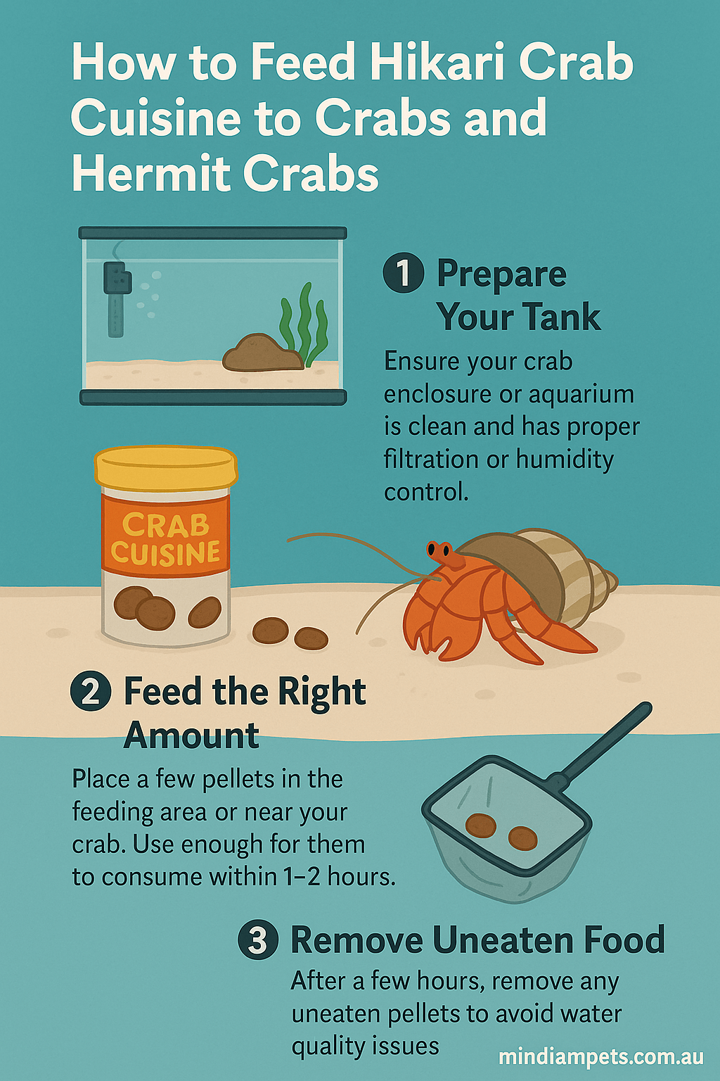 How to feed Hikari Crab Cuisine pellets to hermit crabs and aquatic crustaceans – step-by-step infographic