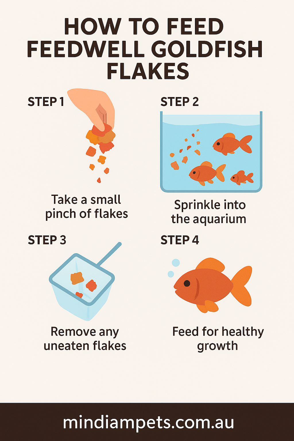 Infographic showing step-by-step instructions for feeding Feedwell Goldfish Flakes to goldfish in aquariums and ponds.