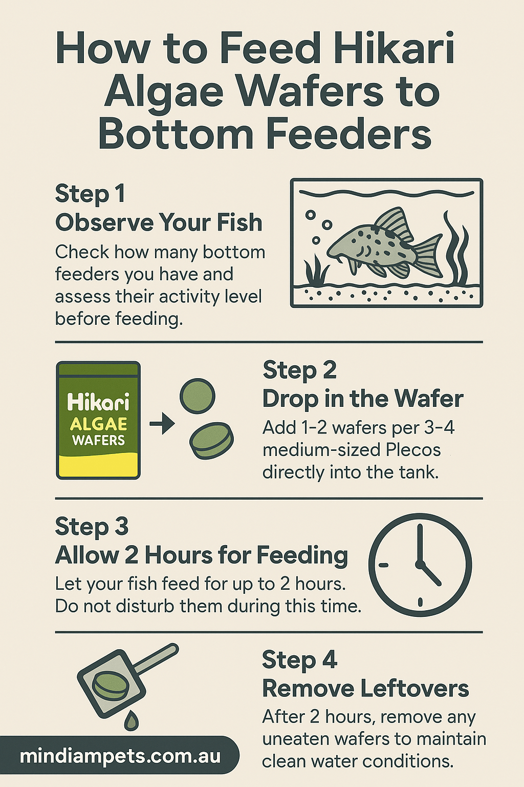  Infographic showing step-by-step instructions for feeding Hikari Algae Wafers to Plecostomus and bottom-feeding fish in an aquarium.