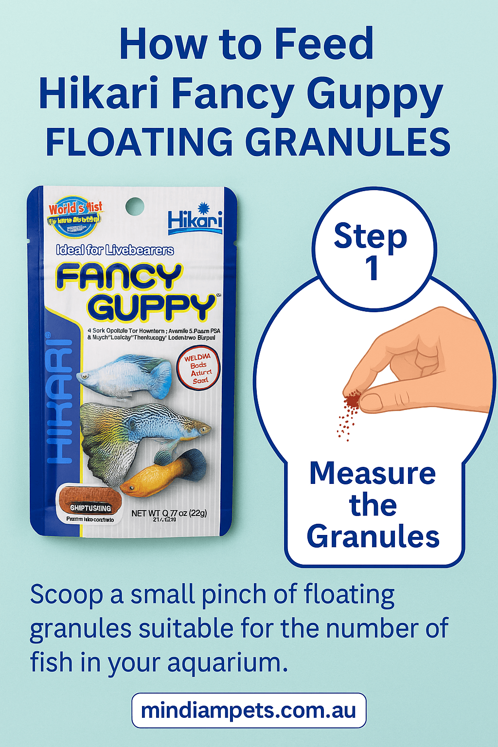  Step-by-step infographic showing how to feed Hikari Fancy Guppy Floating Granules to guppies