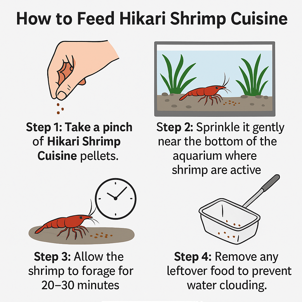 Step-by-step infographic showing how to feed Hikari Shrimp Cuisine to ornamental freshwater shrimp.