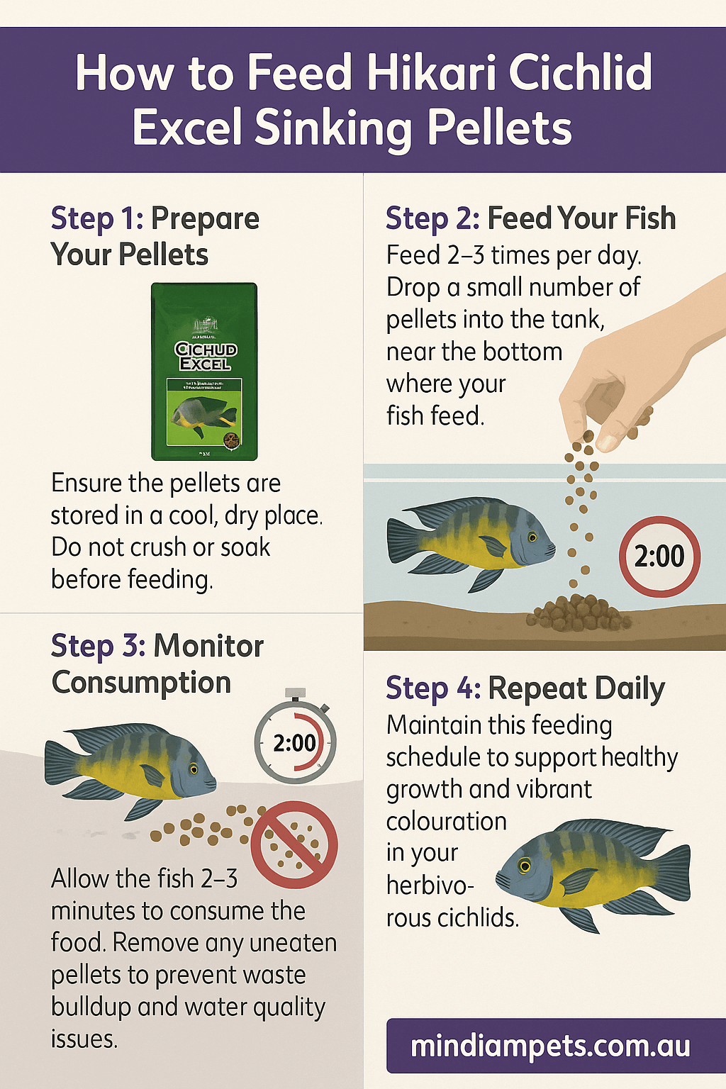 Step-by-step infographic showing how to feed Hikari Cichlid Excel Sinking Pellets to bottom-feeding cichlids in aquariums.
