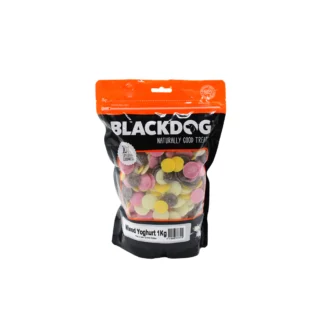 Black Dog Mixed Yoghurt Drops – tasty Australian-made dog treats in banana, strawberry, yoghurt & carob flavours. Great for training or daily rewards.