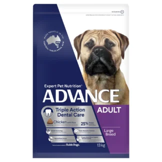 Advance Large Breed Adult Dog Triple Action Dental Care reduces plaque and tartar while supporting gum health. Trusted by Australian dog breeders.
