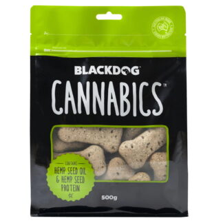 Support your dog’s wellbeing with Black Dog Cannabics Biscuits. Oven baked, hemp-infused, and packed with Omega 3, 6, and 9. No THC. 500g bag.