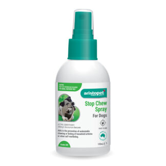 Aristopet Stop Chew Spray deters dogs from chewing or licking themselves and household items with a safe, bitter-tasting formula.