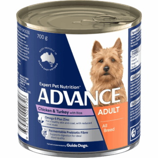 Advance Wet Dog Food Chicken & Turkey with Rice 700g supports healthy digestion, strong immunity, and a shiny coat with complete nutrition for adult dogs.