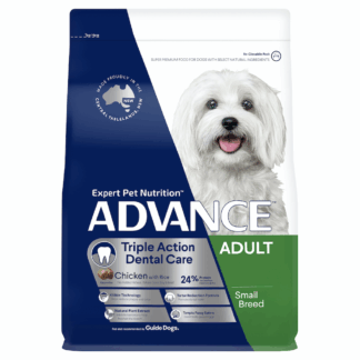 Advance Small Breed Adult Dog Dental Care 3kg Advance Small Breed Adult Dog Dental Care 3kg is specially formulated to support oral health while providing complete and balanced nutrition. This triple-action dental care formula helps reduce plaque, tartar build-up, and promotes fresher breath, keeping your small dog’s teeth and gums healthy. Key Benefits Triple-action dental formula for plaque and tartar reduction Promotes fresher breath and healthy gums Tailored kibble size and texture for small breed dogs Complete and balanced nutrition for adult small breeds Australian made with premium, high-quality ingredients Recommended by leading breeders and professional dog groups Why Choose Advance Dental Care for Small Breeds? Dental health is critical for small dogs, who are prone to oral health issues. Advance Dental Care is scientifically developed to clean teeth as your dog chews, reducing the risk of dental disease while delivering optimal nutrition. Australian Made Premium Dog Food Crafted in the Central Tablelands of NSW by expert dog nutritionists, Advance uses locally sourced ingredients and over 20 years of specialised knowledge to create high-quality, trusted pet food. Proven Oral Health Support This formula features specifically designed kibble and carefully selected ingredients to help maintain clean teeth and fresh breath, supporting your dog's long-term dental health. Feeding Guide Introduce Advance gradually over 7 days for optimal digestive comfort. Adjust portion sizes based on your dog's age, activity level, and health to maintain an ideal body condition.
