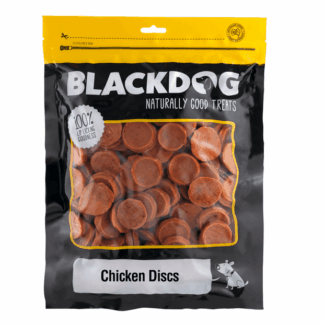 Black Dog Chicken Discs – crunchy chicken breast dog treats that promote dental health. Perfect for training and daily snacking.