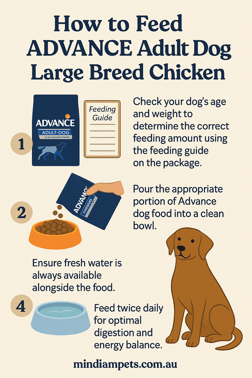  How to feed Advance Adult Dog Large Breed Chicken step-by-step infographic for optimal joint, gut, and dental health.