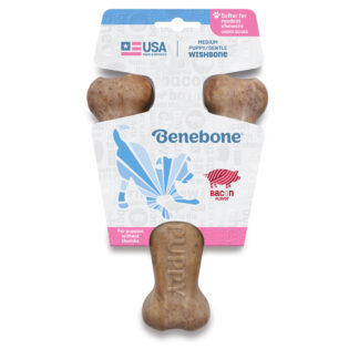 Benebone Bacon Puppy Wishbone – gentle, bacon-flavored chew for teething puppies under 15 lbs. Soft material for safe, satisfying chewing.