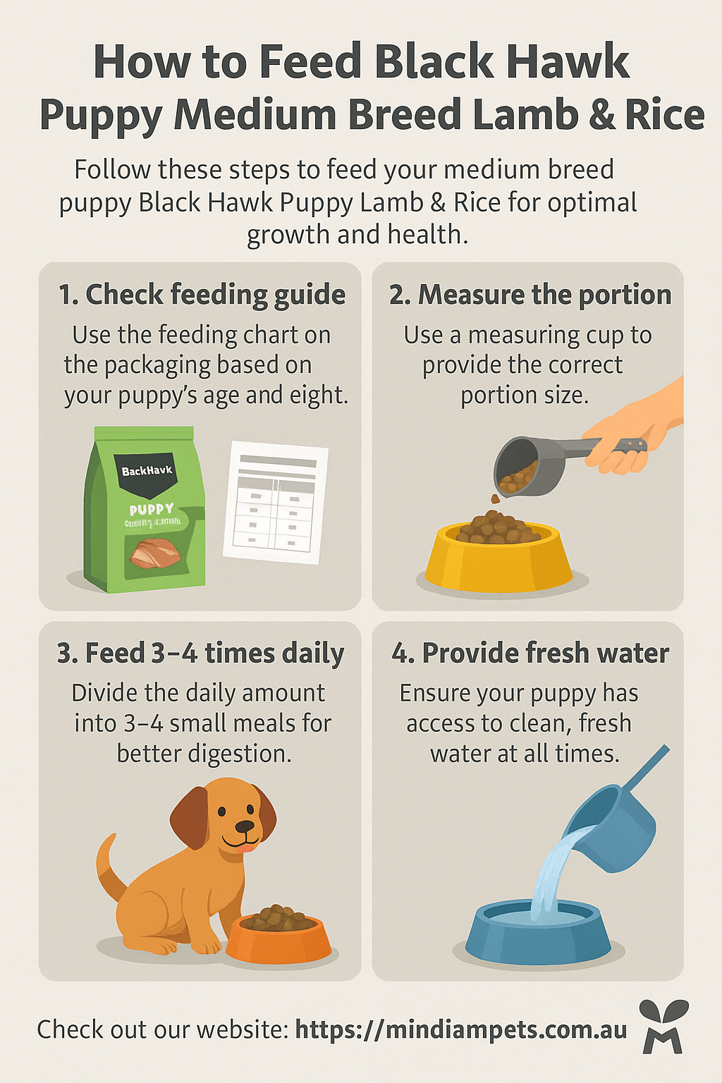 Step-by-step guide on feeding Black Hawk Puppy Medium Breed Lamb & Rice – Mindiam Pets