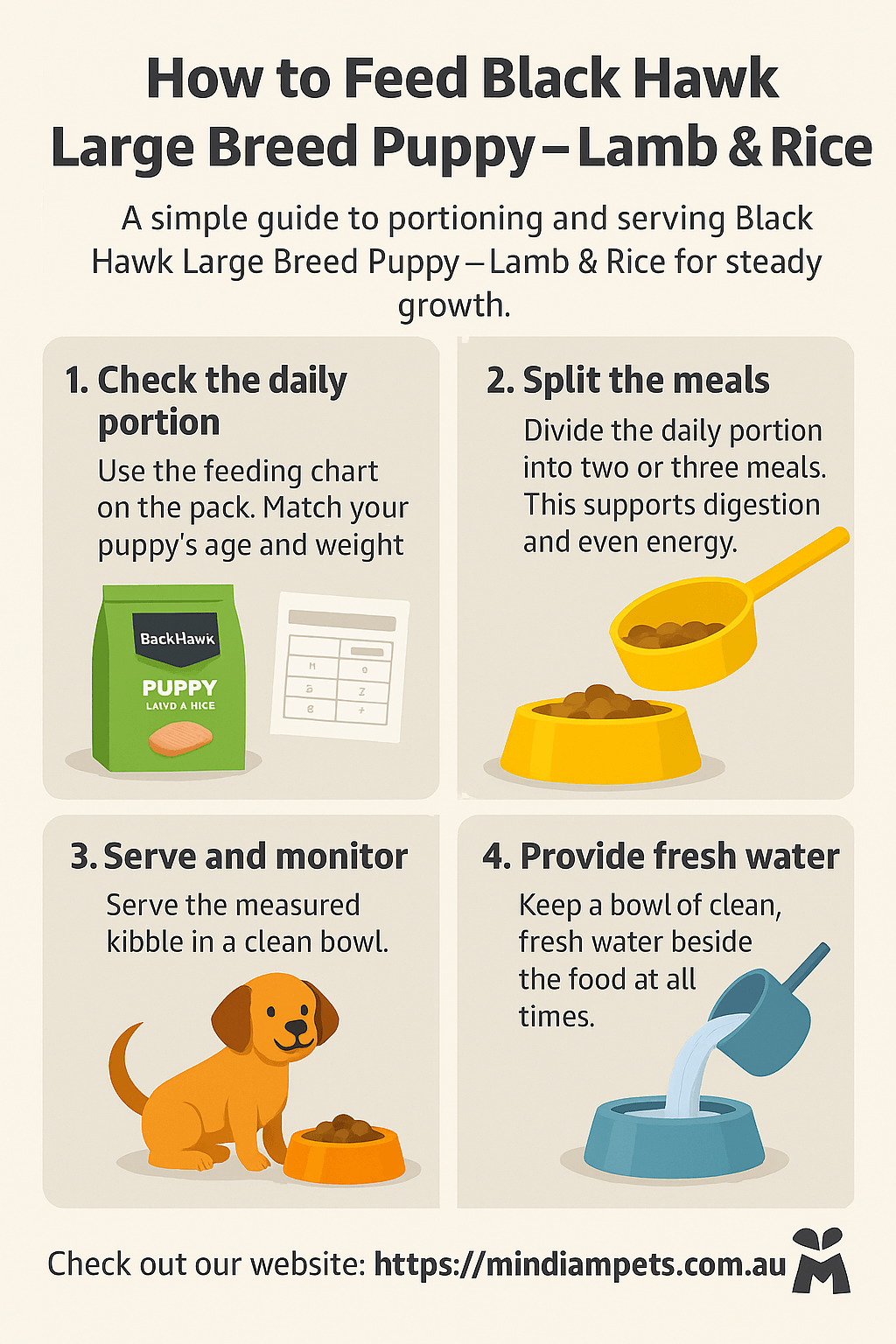 Step-by-step guide to feeding Black Hawk Puppy Medium Breed Lamb & Rice with clear instructions and illustrations.