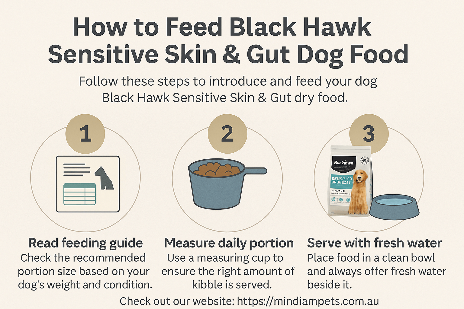 Step-by-step infographic on how to feed Black Hawk Sensitive Skin & Gut dog food