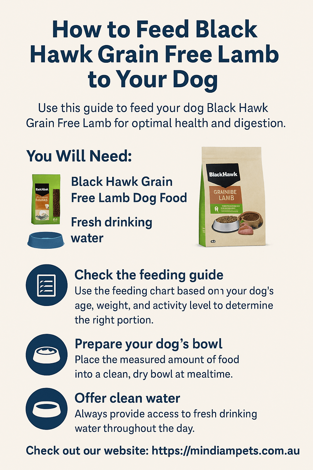 Step-by-step infographic showing how to feed Black Hawk Grain Free Lamb to your dog