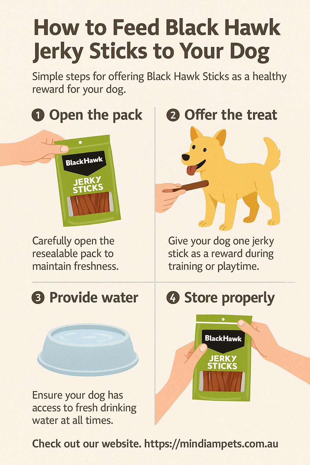 Step-by-step infographic showing how to feed Black Hawk Jerky Sticks to your dog.