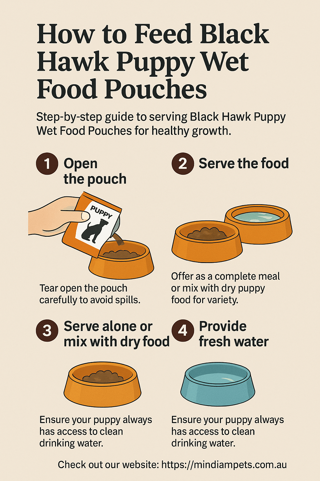Step-by-step guide showing how to feed Black Hawk Puppy Wet Food Pouches, including opening the pouch, serving the food, mixing with dry food, and providing fresh water.
