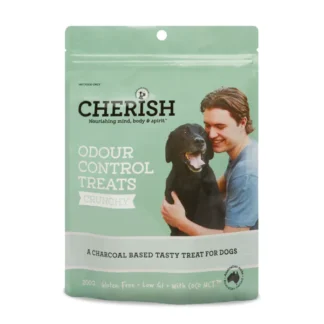 Cherish Odour Control Treats with activated charcoal help reduce bad breath and body odours. A tasty, Australian-made solution for fresher, healthier dogs.