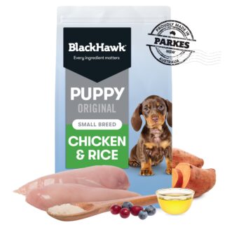 Support your small-breed puppy with Black Hawk Chicken & Rice. High-quality Australian chicken, fibre-rich sweet potato, and omega-3 for growth, brain, and digestion.