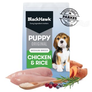 Support your medium-breed puppy with Black Hawk Chicken & Rice. Australian chicken protein, sweet potato fibre, antioxidants & prebiotics for healthy growth & digestion.