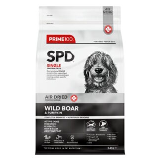 Shop Prime100 SPD Air Dried Wild Boar & Pumpkin – hypoallergenic, single protein, rich in fibre & DHA. Supports digestion, skin & coat. 100% Australian made.
