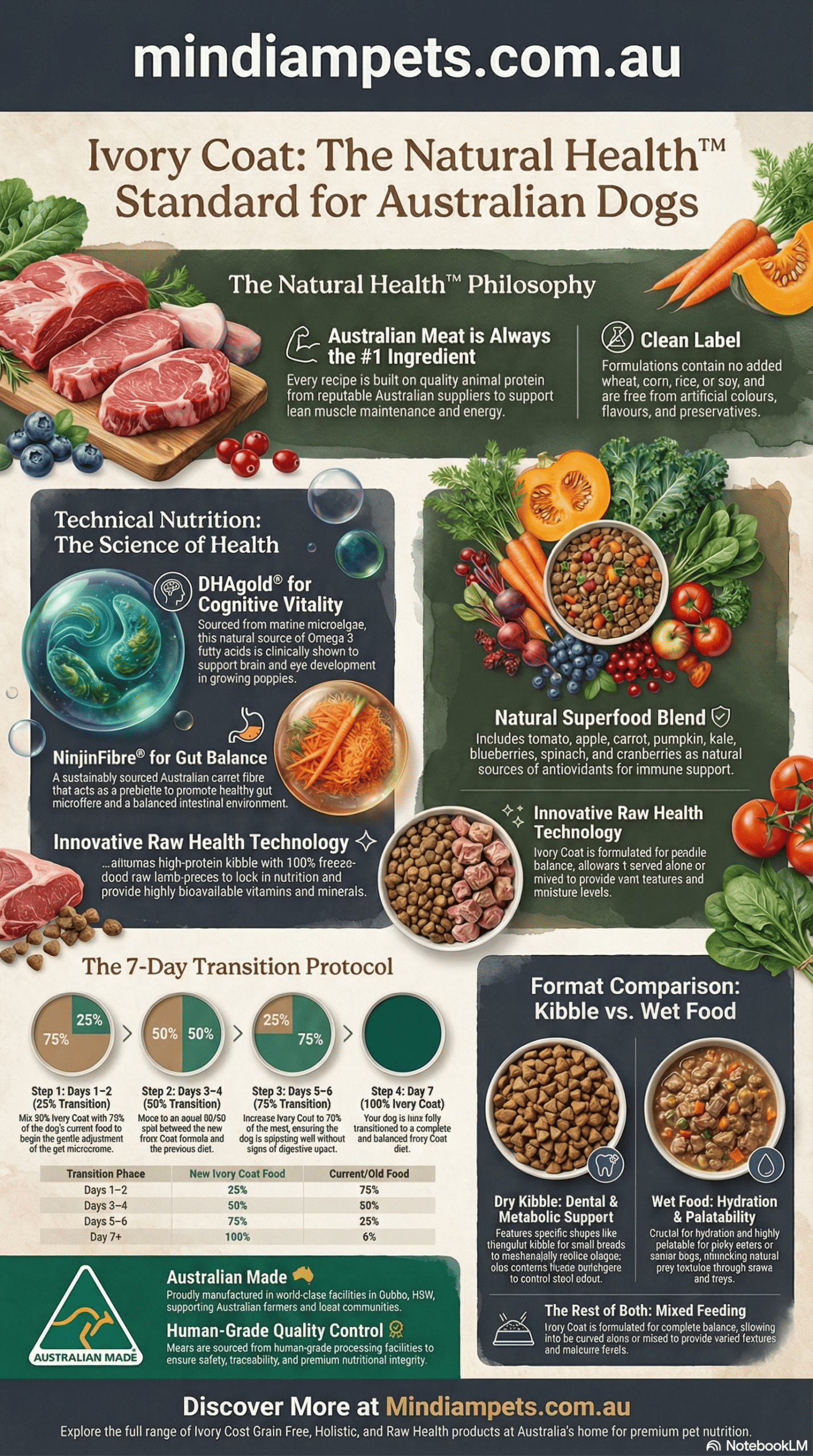 Nutritional infographic by mindiampets.com.au: Ivory Coat 7-Day transition guide, DHAgold benefits, and nutritional architecture comparison.